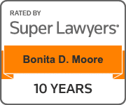 Super Lawyers badge showing Bonita D. Moore rated for 10 years.